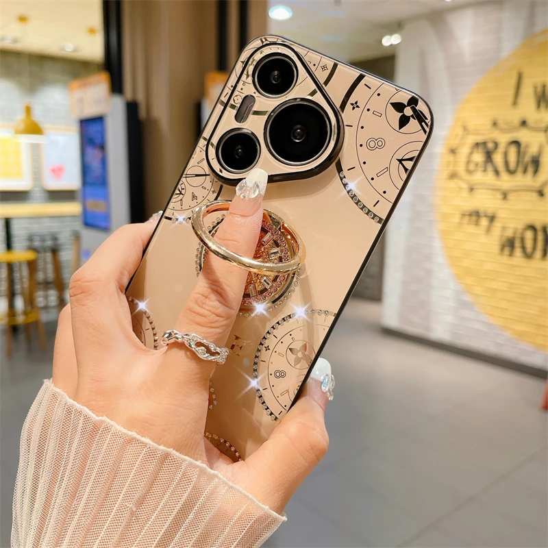 Luxury Shiny Watch Design Phone Case For Huawei Pura 70 Ultra P60 P50 P40 P60 Art Pura 70 Pro Diamond Clock Ring Holder Shell