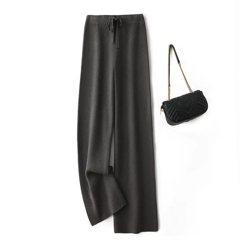 Autumn Winter Women Korean Fashion Cashmere Knitted Wide Leg Pants Female High Waist Thick Straight Trousers Elegant Pantalones