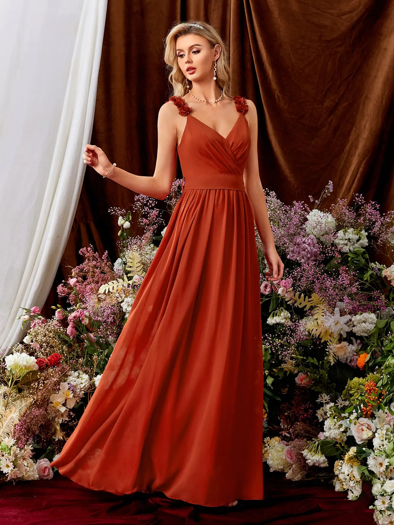 Mgiacy V-neck backless cross pleated three-dimensional flower elegant evening gown ball dress Party dress Bridesmaid dress