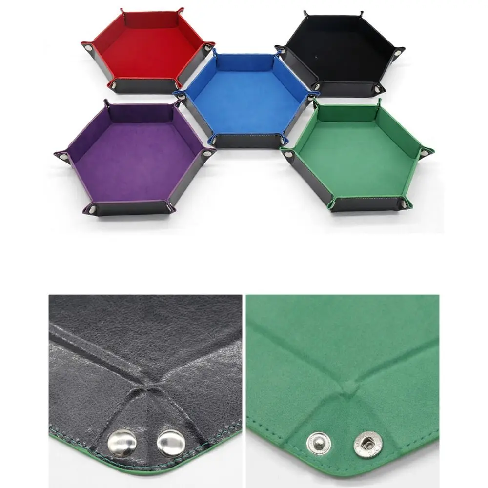 

New PU Leather Dice Tray 12 Colors Velvet Cloth Tray Box Foldable Hexagonal Storage Bag Dice Accessories