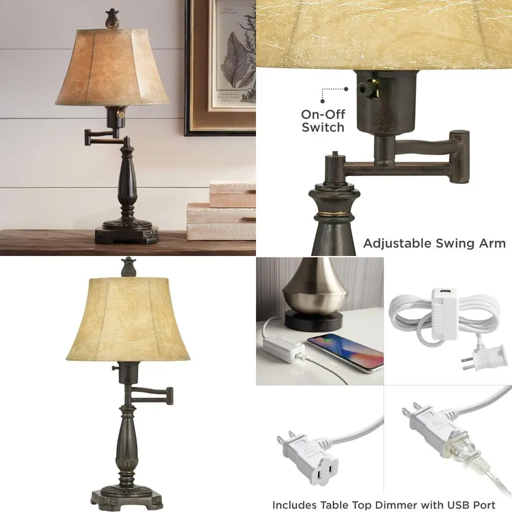 مصباح مكتبي بذراع متأرجح ريفي تقليدي مع منفذ شحن USB، معدن برونزي طبيعي، ارتفاع 22.5