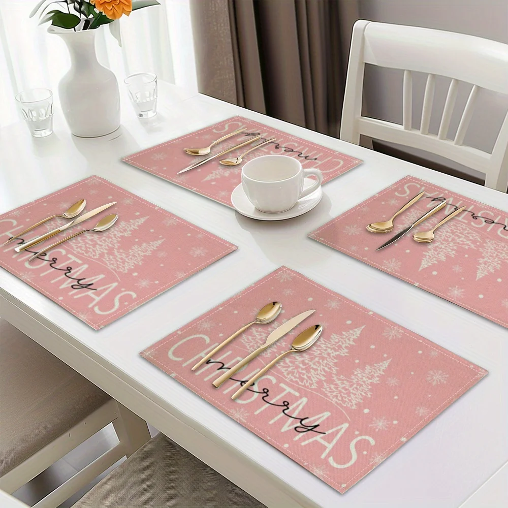 VIKAMA 4PC Weihnachten Rosa Schnee Mahlzeit Matte Weiß Schnee Weihnachtsbaum Esstisch Restaurant Weihnachten Party Dekoration