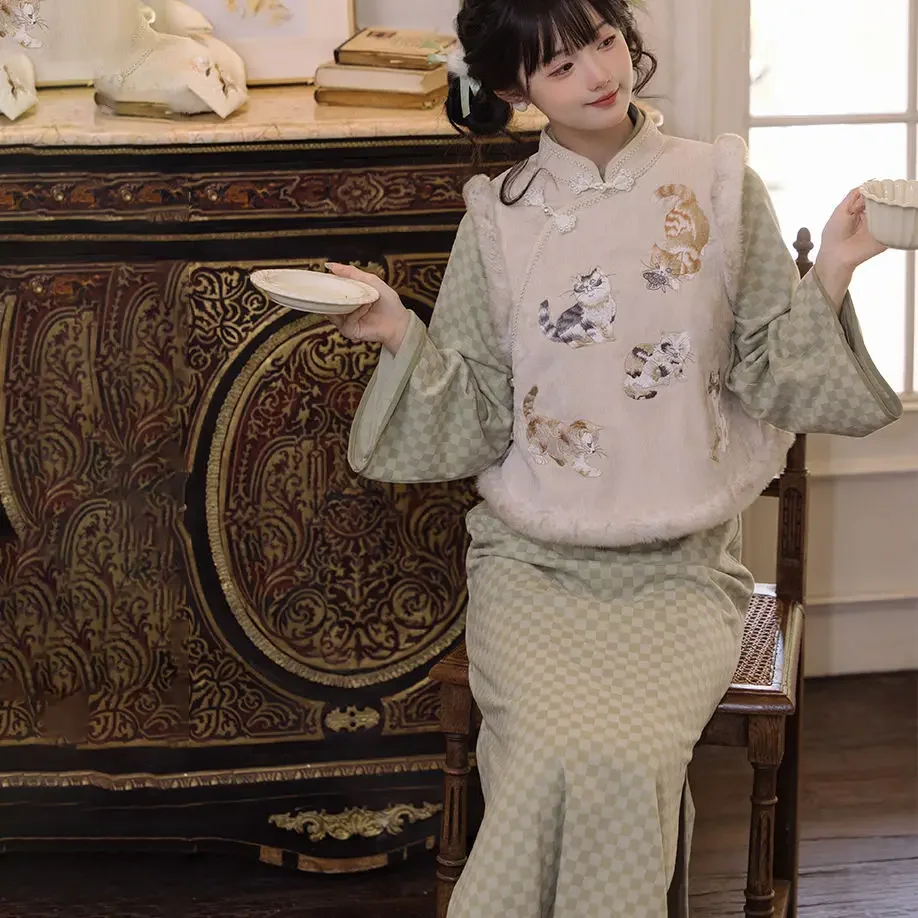 Chinese Cat Embroidery Vest Traditional Chinese Style Daily Vest Wear Stand-up Collar Long Sleeve Dress Autumn And Winter Set