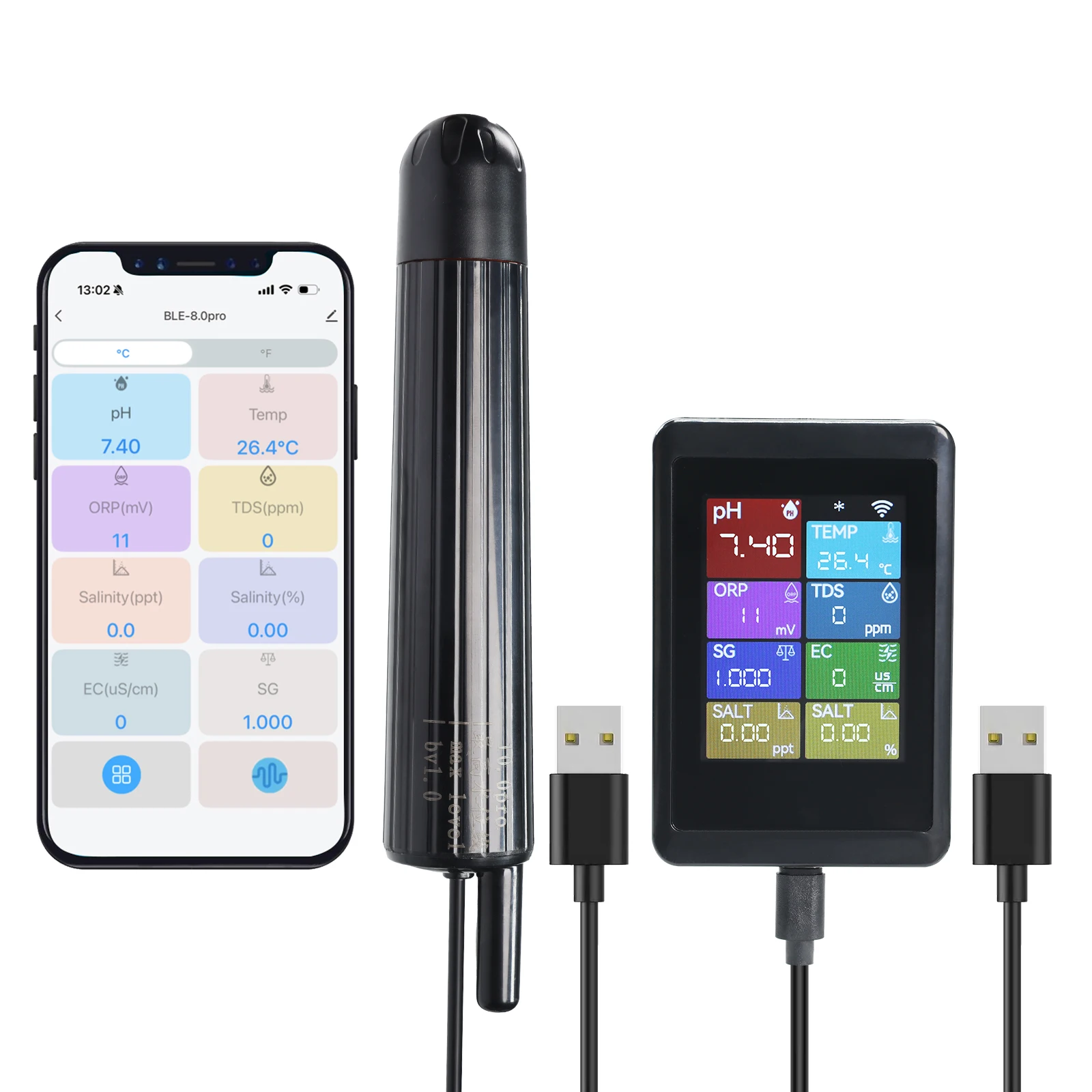 8 in 1 WiFi PH Meter Multi-Parameter Water Monitor PH, Temperature, TDS, EC, Salinity, Specific Gravity, ORP for Aquariums