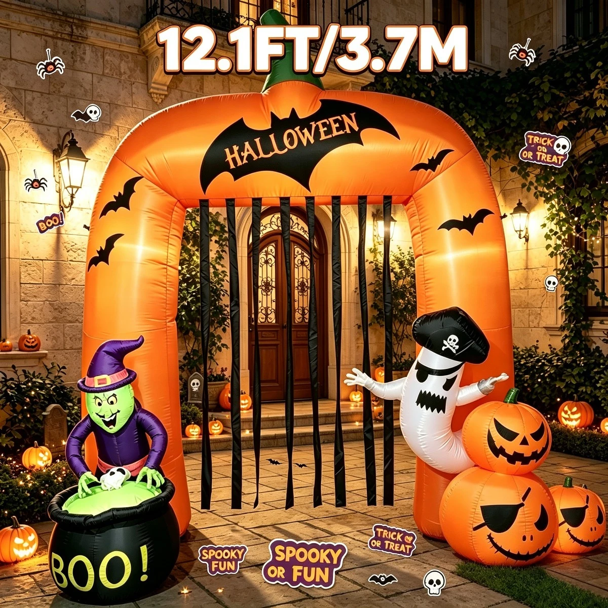 12.1FT Halloween Yard Lawn Outdoor Decor Holiday Decor Inflatable Ornaments Cauldron Witch Ghost Pumpkin Inflatable Decor