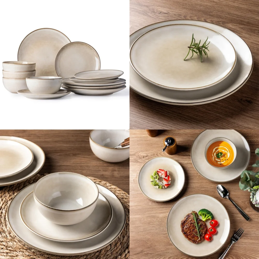 

Ceramic Tableware Set12 Piece Hand Painted Ceramic Dinnerware Set for 4 with Plates and Bowls Stoneware