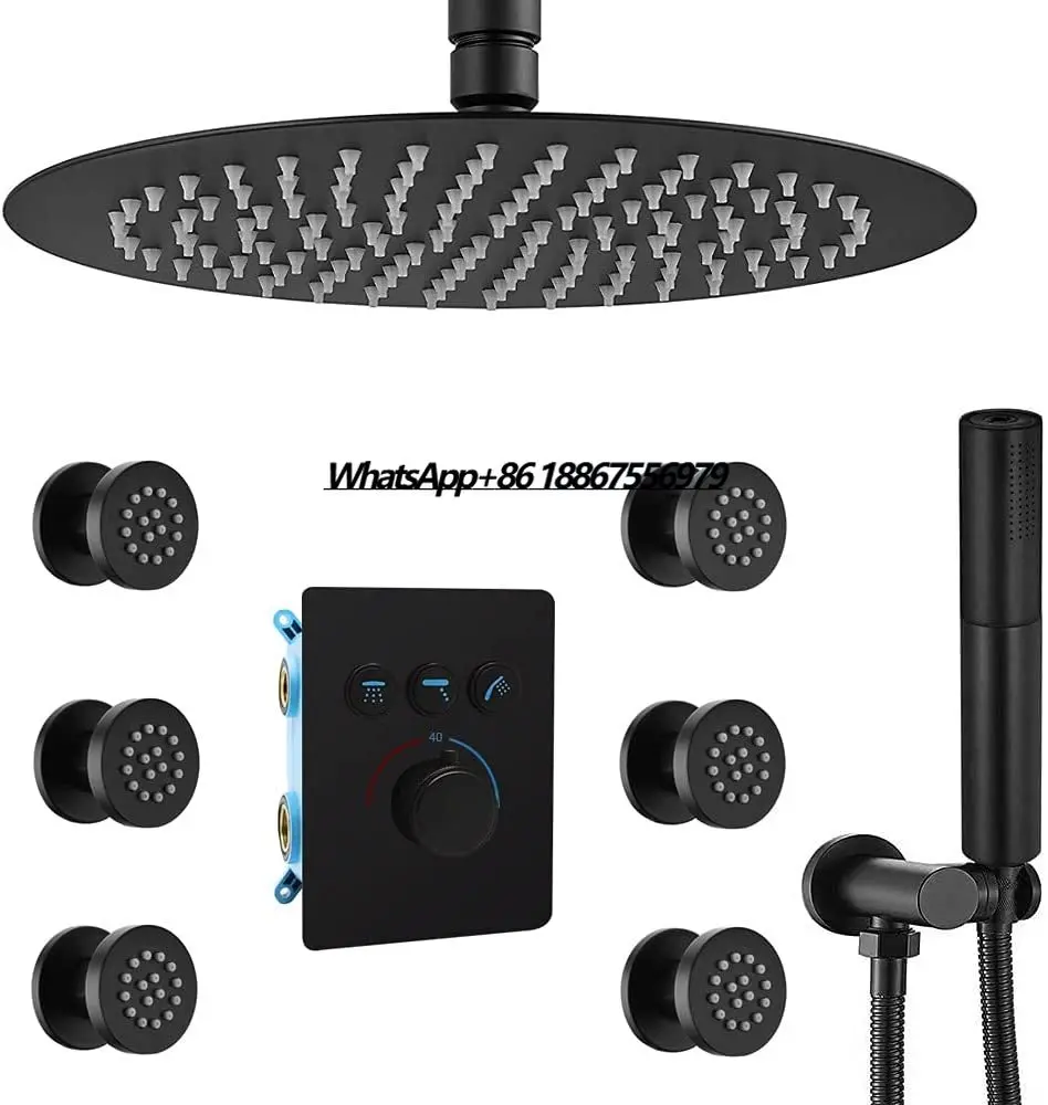 

Thermostatic Modern Black Rain Shower Set 6 Body Jets Massage System Anti-Scald Brass Faucet