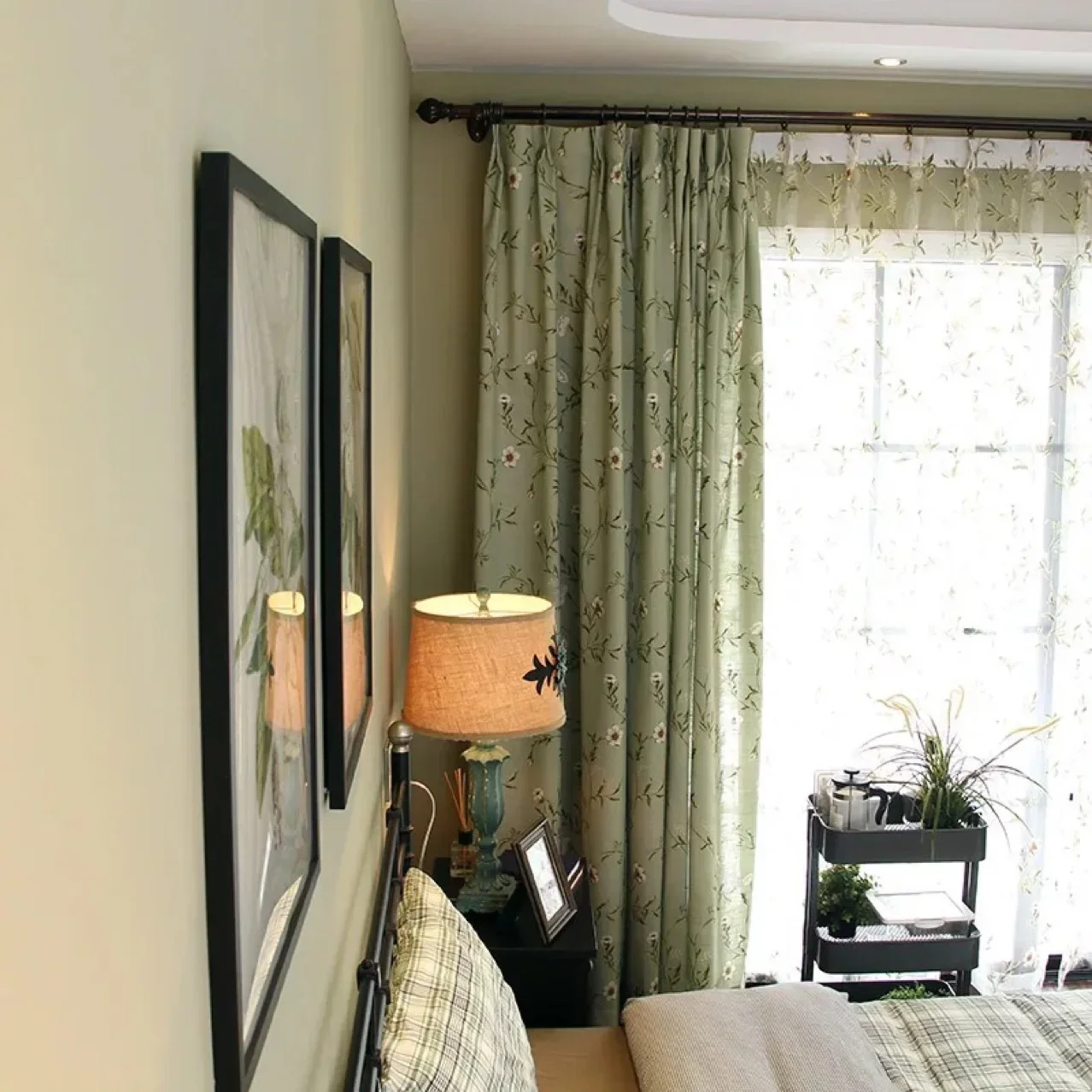 Cortinas de algodón y lino con estampado de flores y pájaros verdes para sala de estar, dormitorio, comedor, partición, balcón, personalización