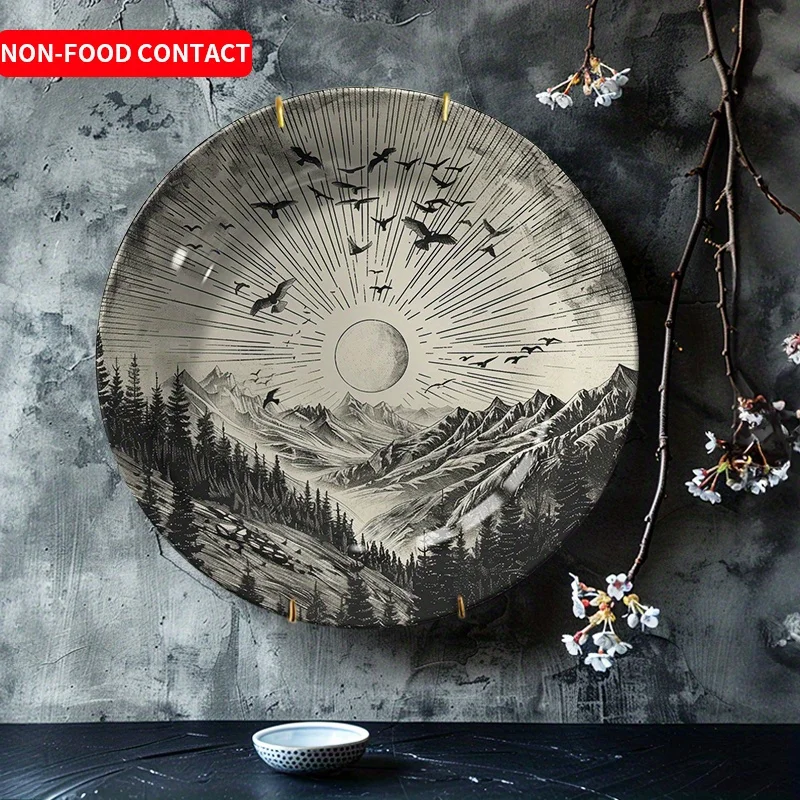 

Керамическая декоративная тарелка с изображением птиц и горного пейзажа - круглая элегантная тарелка с солнечным/художественным мотивом, подходит для дома, гостиной (1 шт.)