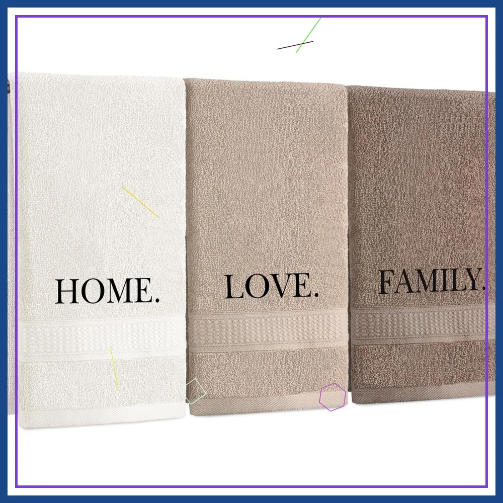 

Rustic Embroidered Cotton Hand Towels Set of 3 for Bathroom Kitchen Boho Decor Brown Home Love Family