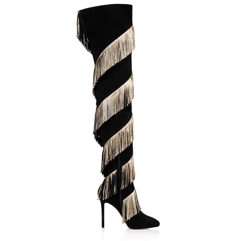 Lady Black Suede Gold PU Tassel Design Thigh Boots Sexy Pointed Toe Over the Knee Boots Fall Winter Dress Daily Shoes Size 46