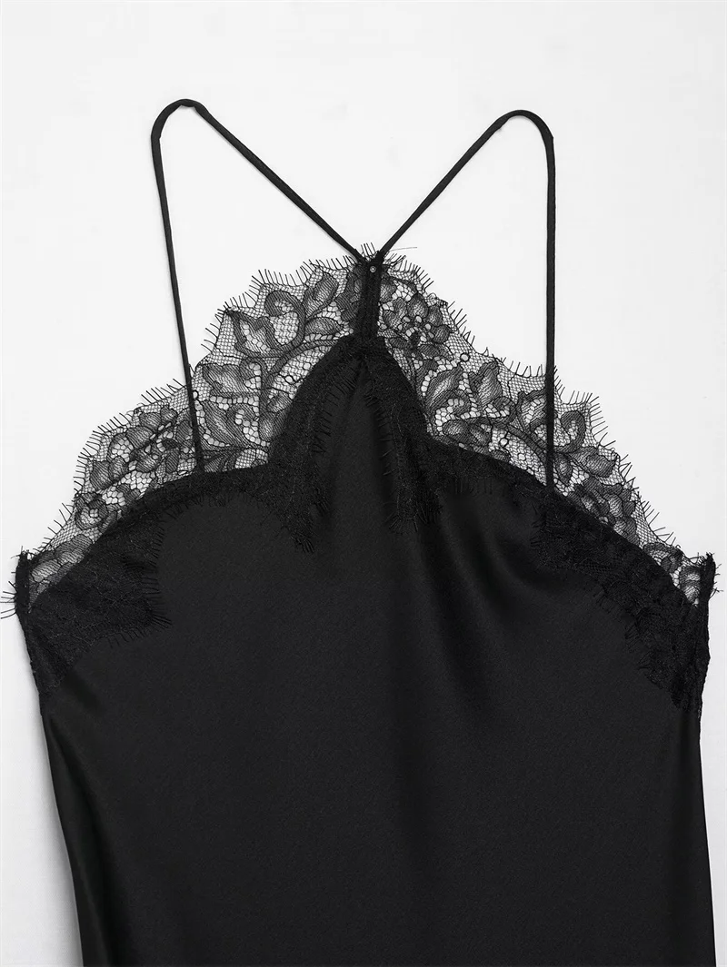 2025 nouvelle robe d'été pour femmes noir jarretelle soie Satin dentelle robe irrégulière Sexy et élégante personnalité mode