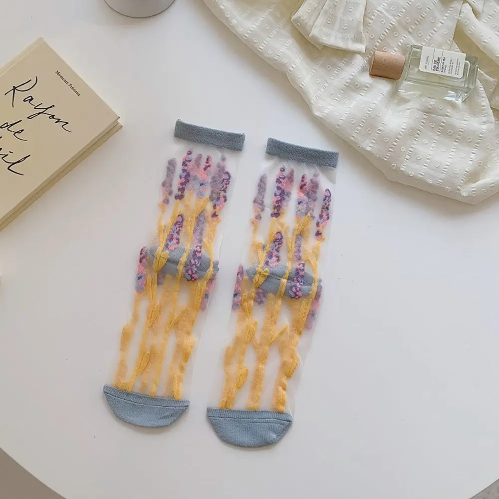 Ultra-thin Breathable Crystal Silk Socks Mesh Summer Embroidery Women's Socks Middle Tube Socks Flower Socks Floral Hosiery