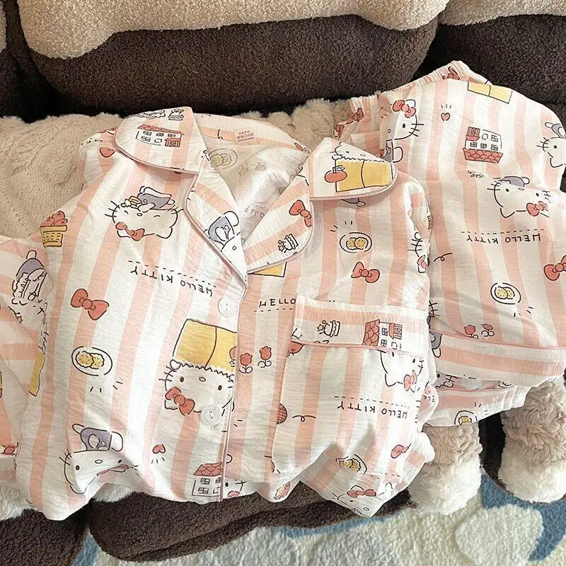 

Женский пижамный комплект Sanrio Hello Kitty, хлопковая одежда для сна, милые полосатые брюки с длинными рукавами для дома и улицы, свободные брюки с длинными рукавами, весна-осень