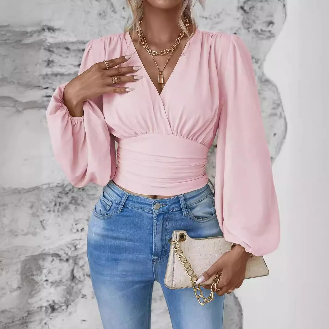 Women Beige Puff Sleeve Blouse Sexy V Neck Slim Solid Office Lady Cinched Waist Pink Black One-pieces Pullver Shirts Fall Tops