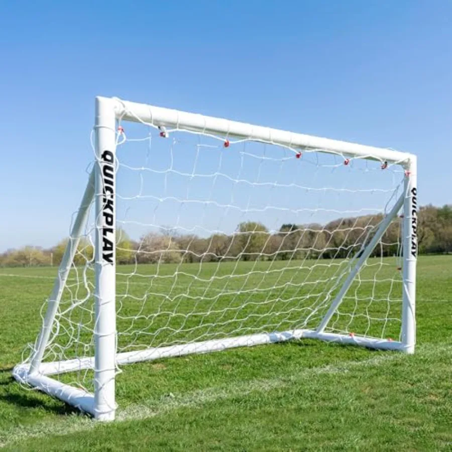

Backyard soccer goal with 30-second folding design, weatherproof uPVC material, black color, portable and durable for adults an