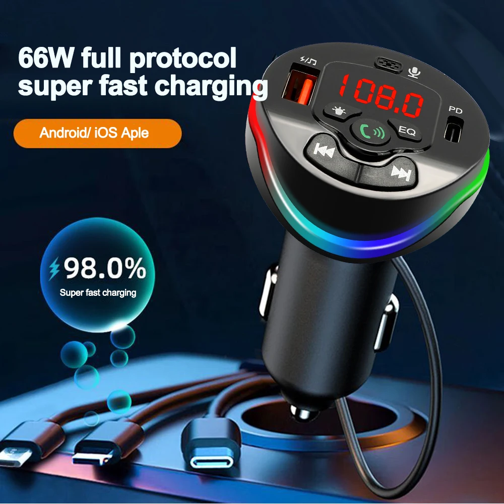 Car FM Transmitter Bluetooth 5.0 Car Kit MP3 Modulator Player Handsfree Audio Receiver With 3 in 1 Charge Cable Car Accessories