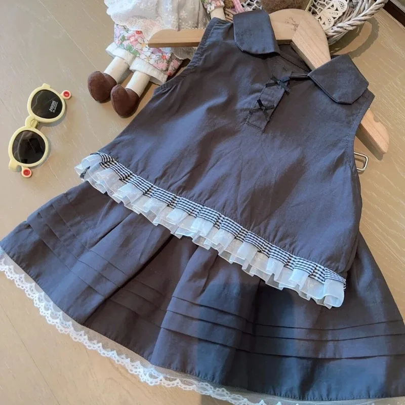 Girls Little Fragrant Wind Set 2026 Summer New Lace Splicing Sleeveless Doll Neck Top Fashionable Stylish