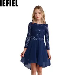 Dzieci dziewczynki elegancka koronka szyfonowy splot suknia wieczorowa z długim rękawem sukienka z wysokim niska lamówka z kryształkami na urodziny weselne