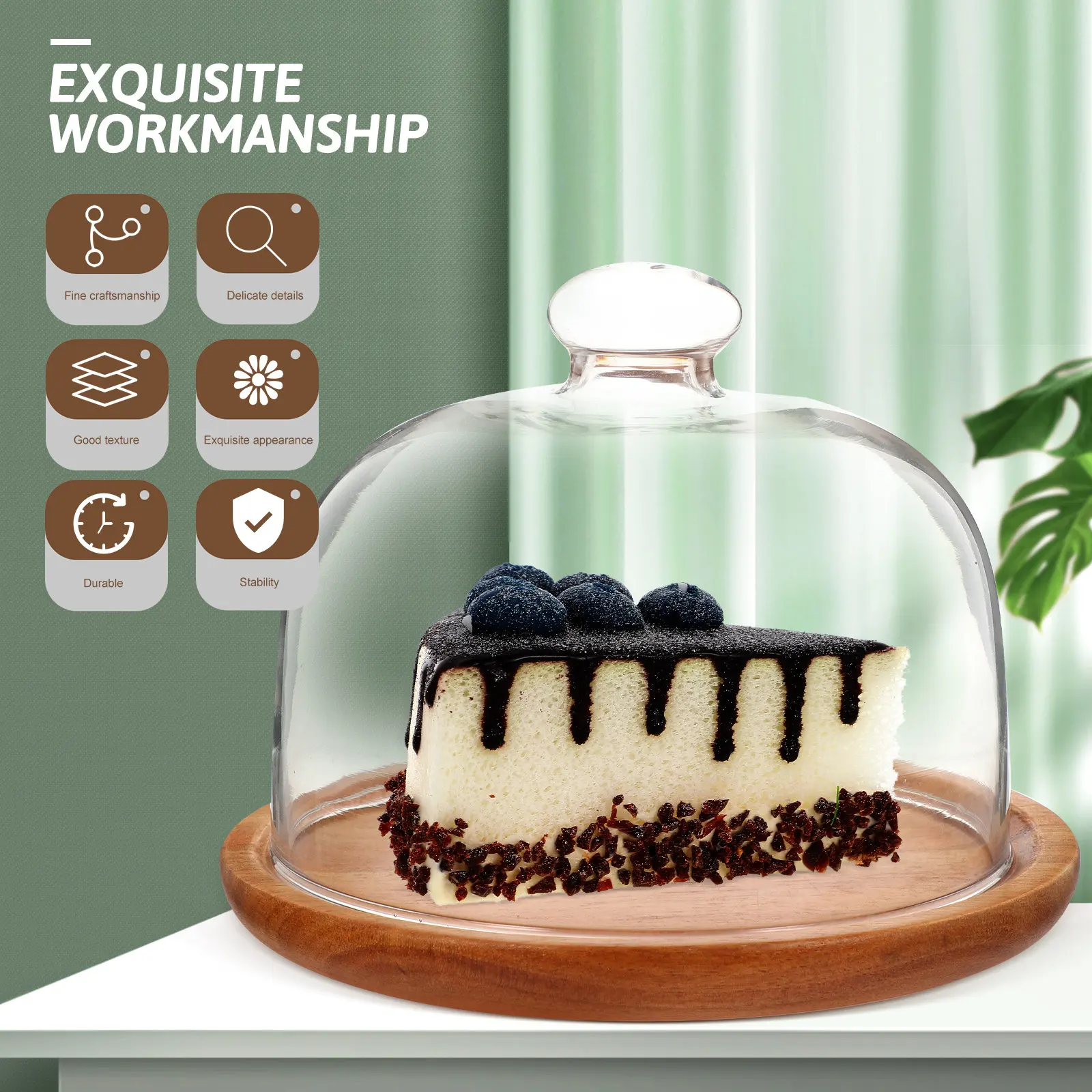 

Набор из 1 шт. прозрачного стеклянного купола для торта с деревянной подставкой, многоразовый, легко моется, стильный, для кухни, вечеринок, десертов