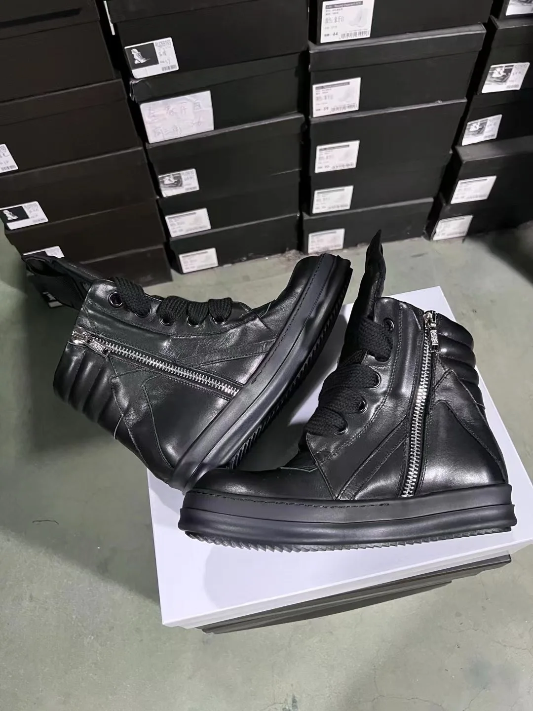 Ricks Genious Black Leather Jumbo Lace High Top Geobasket Owens Quality Men Shoe Women Sneaker Casual Owens Design boots & Shoes