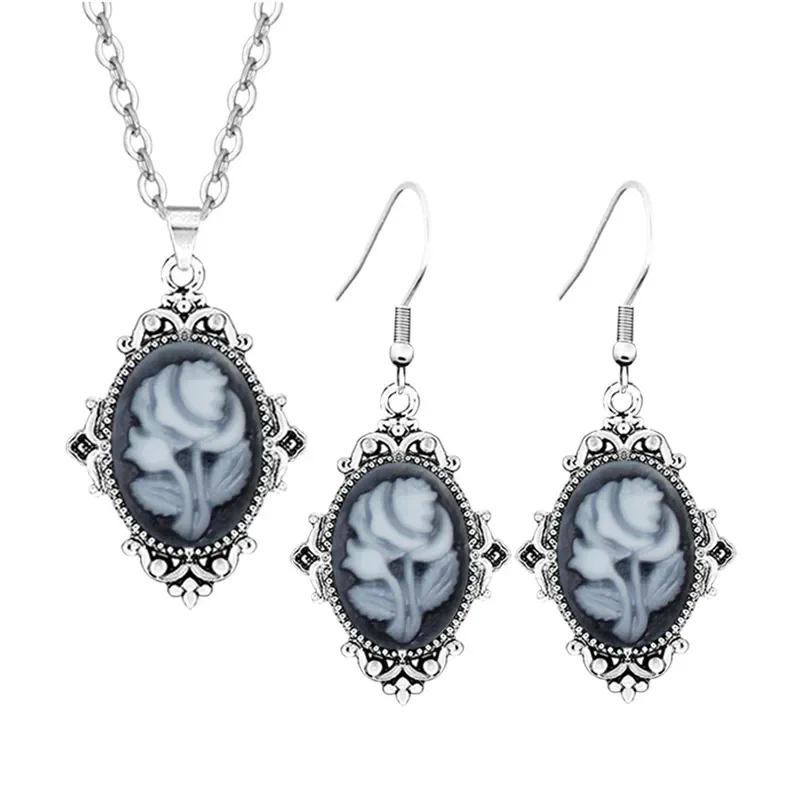 

Vintage Flower Cameo Sets For Women Fashion Stainless steel Chain Hook Plant Cameo Necklace Earring Jewelry Set