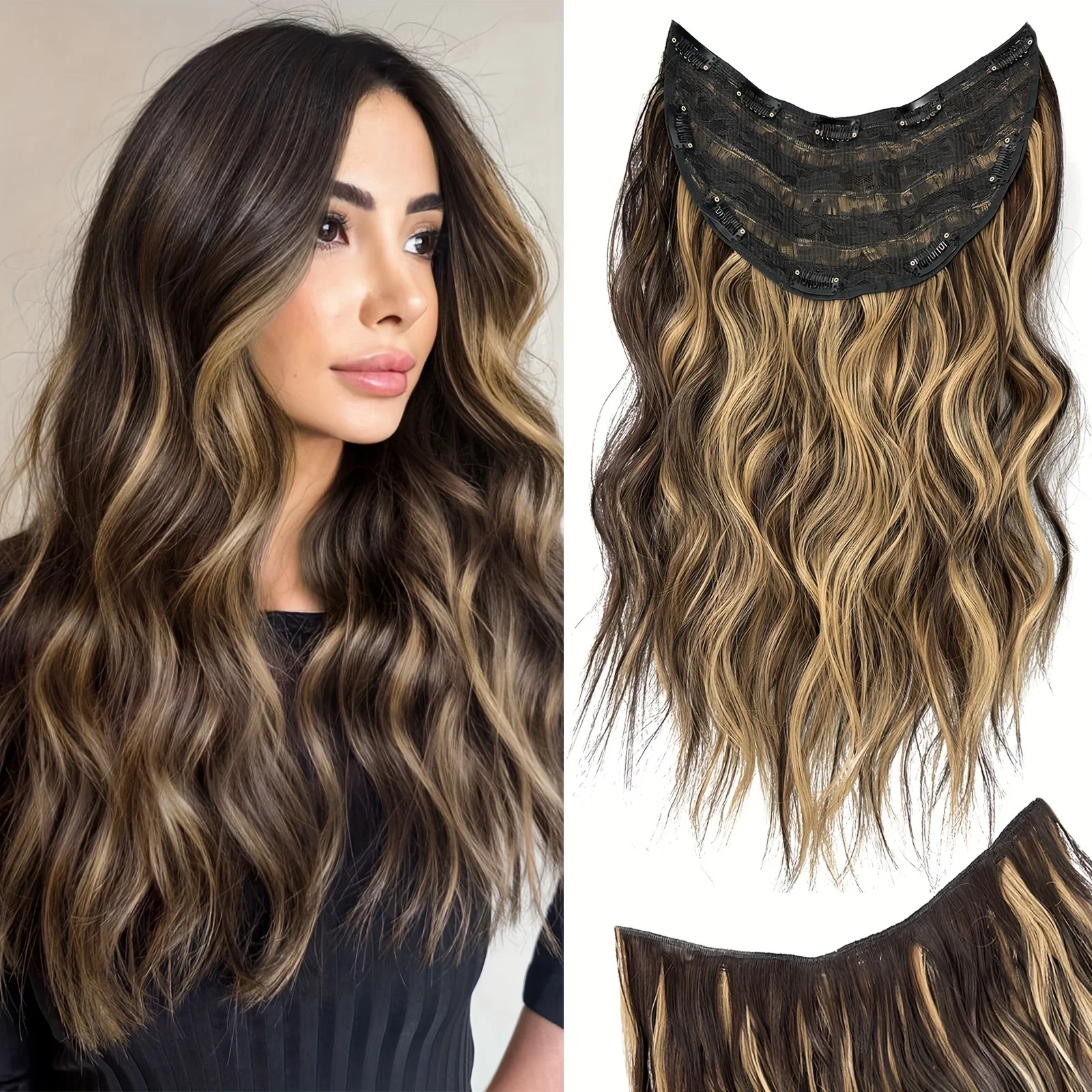 Synthetic Long Curly Wavy 10Clip One Piece U-shaped Clip in Hair Extensions 22Inch Black Brown Blonde Hairpieces for Women