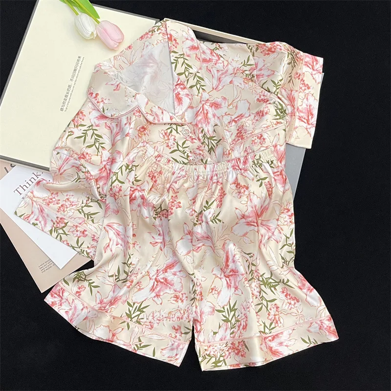 French Elegant Narcissus Pattern Summer Short Sleeved Shorts Temperament Nightwear Set Homewear Pink Luxury Floral Women Pajamas