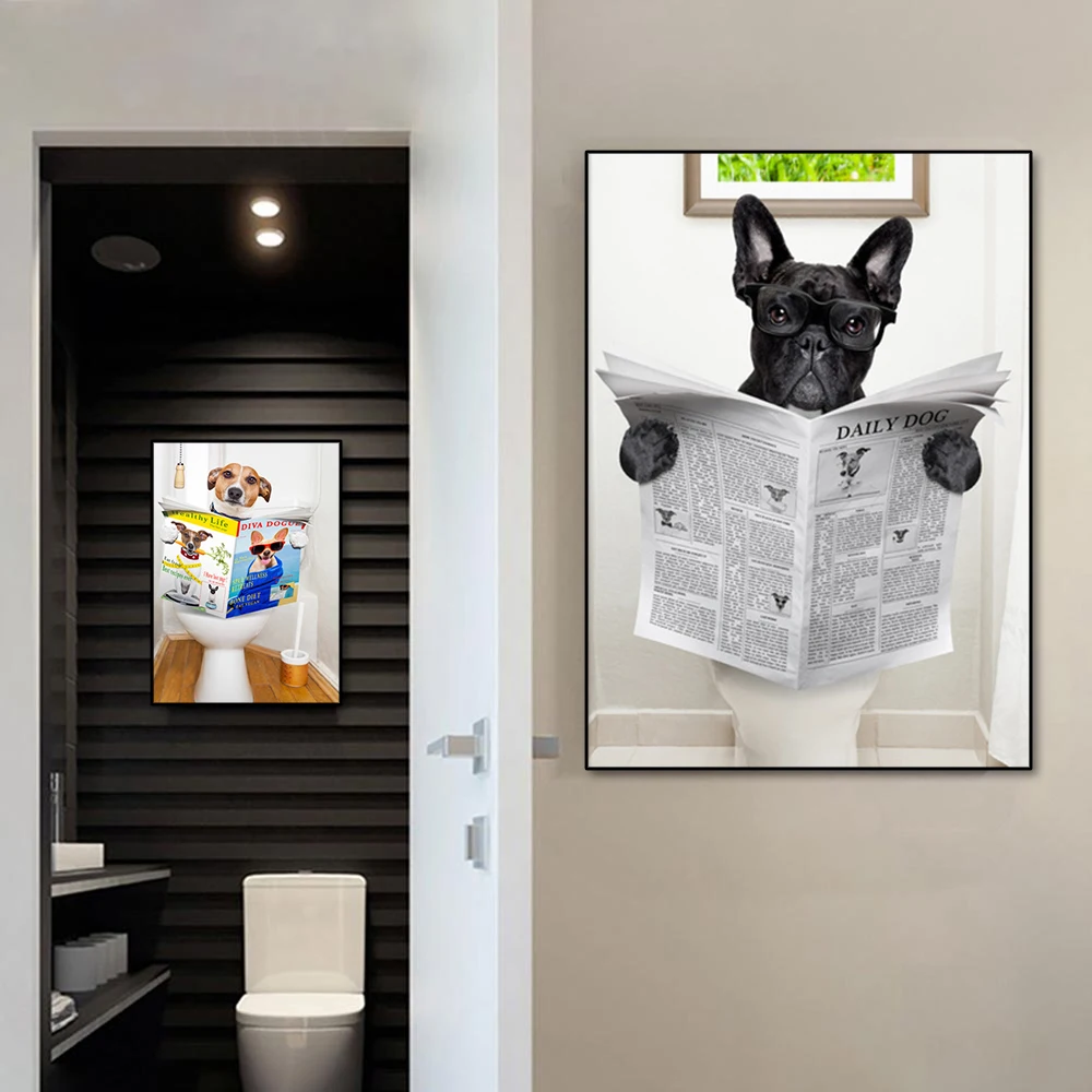 

Funny Abstract Animal Dog Read Newspaper Painting On Canvas Wall Art Poster Prints Picture For Bathroom Toilet Decor Frameless