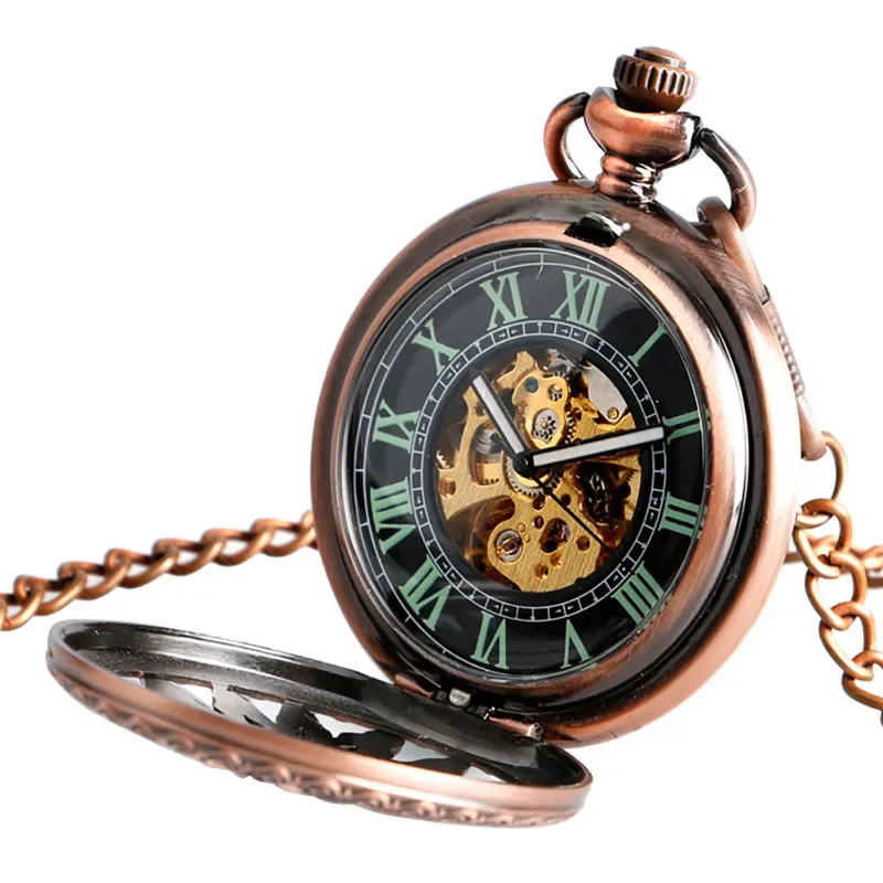 Red Copper Hollow Out Case Unisex Automatic Mechanical Pocket Watch Sunflower Design Roman Number Dial Pendant Chain Clock Gift