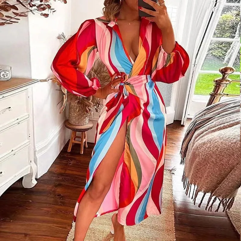 Hot selling fashion printed lantern sleeve lace up slit lapel dress, popular color contrast mid length skirt