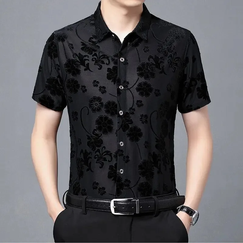 NewTurn Down Collar Cotton Men Shirts Long Sleeve Buttons Shirt Men Solid Color Sexy Lace See Through Clubwear Down Shirt2025