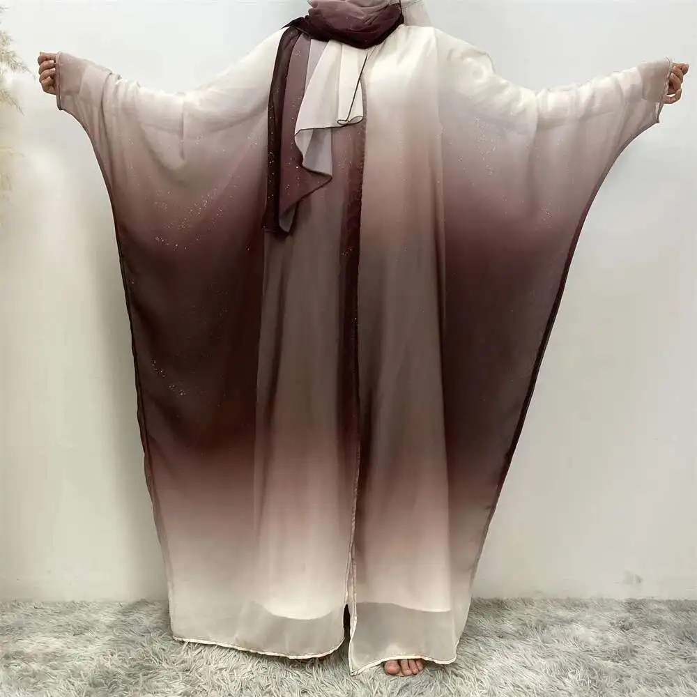 Cardigan en mousseline de soie musulman à la mode, ensemble bandeau manchette chauve-souris dégradé Abaya 67501 Robe Abaya Ramadan dubaï luxe Islam élégant