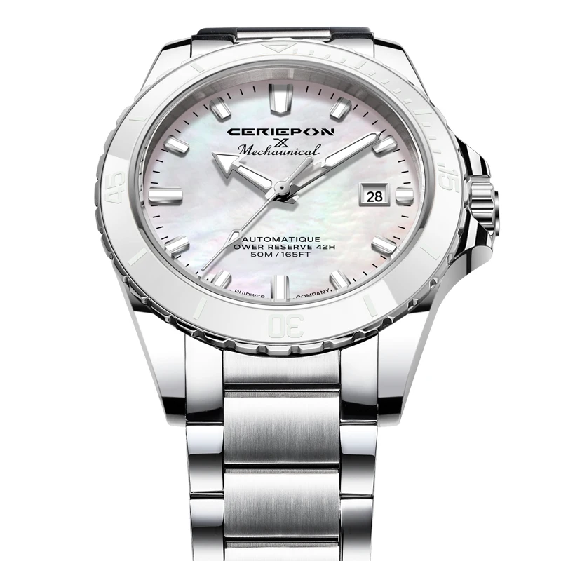 CERIEPON Ceramic Couple's 5ATM Waterproof Calendar Automatic Women's Watch Rubber Strap Shell Surface Perfect Gift Hollowed-out