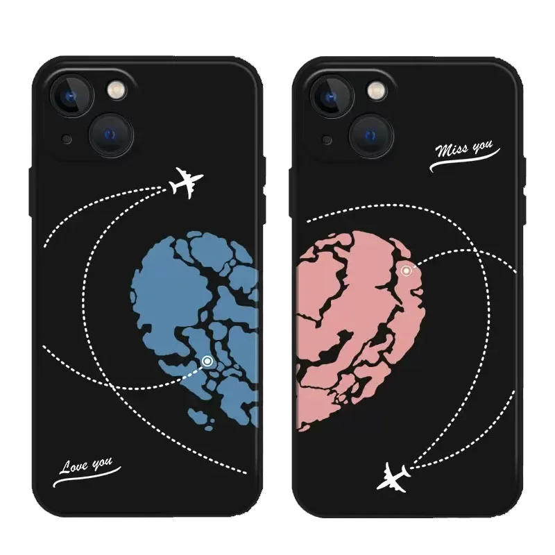 Love Heart Paired Phone Case For iPhone 16 15 12 13 11 14 Pro Max Mini XS XR SE 14 Plus Plane Aircraft Matte Couple Cover Fundas