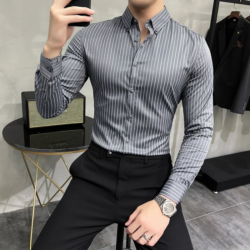 Mens Striped Shirts 2022 Spring New Long Sleeve British Style Solid Color Casual Long Sleeve Dress Shirts Brand Mens Clothing