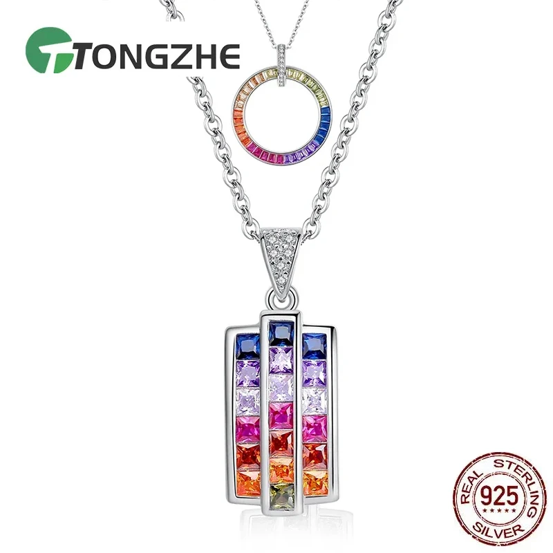 

TONGHZE Geometric Circle Initials Women's 925 Sterling Silver Necklace Cz Pendant Rainbow Necklace Jewelry Zircon Necklaces