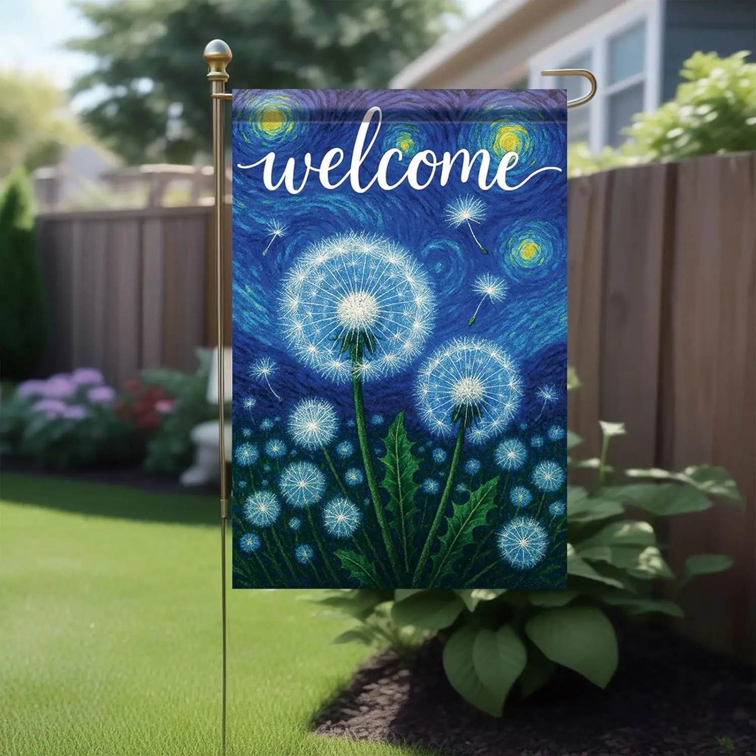 Welcome Van Gogh Garden Flag Starry Sky Dandelion Floral Yard Flag 12 x 18 Inch Double Sided Outdoor Decoration for Spring S yyi