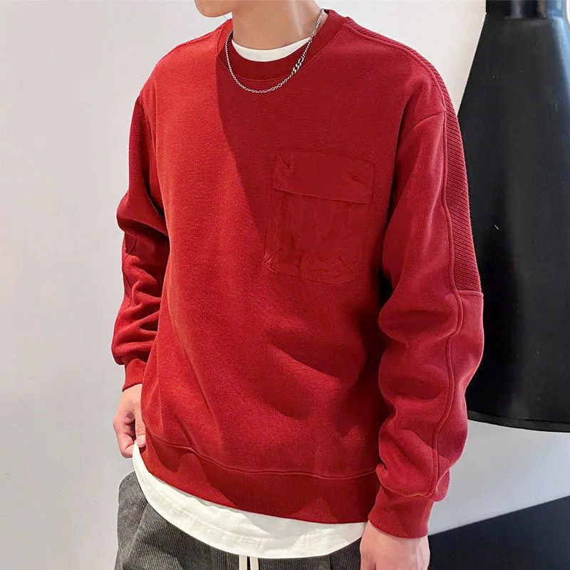 New Autumn/Winter Fashion Brand Solid Round Neck Panel Pocket with Plush Thickened Loose and Versatile Men's Casual Sweater