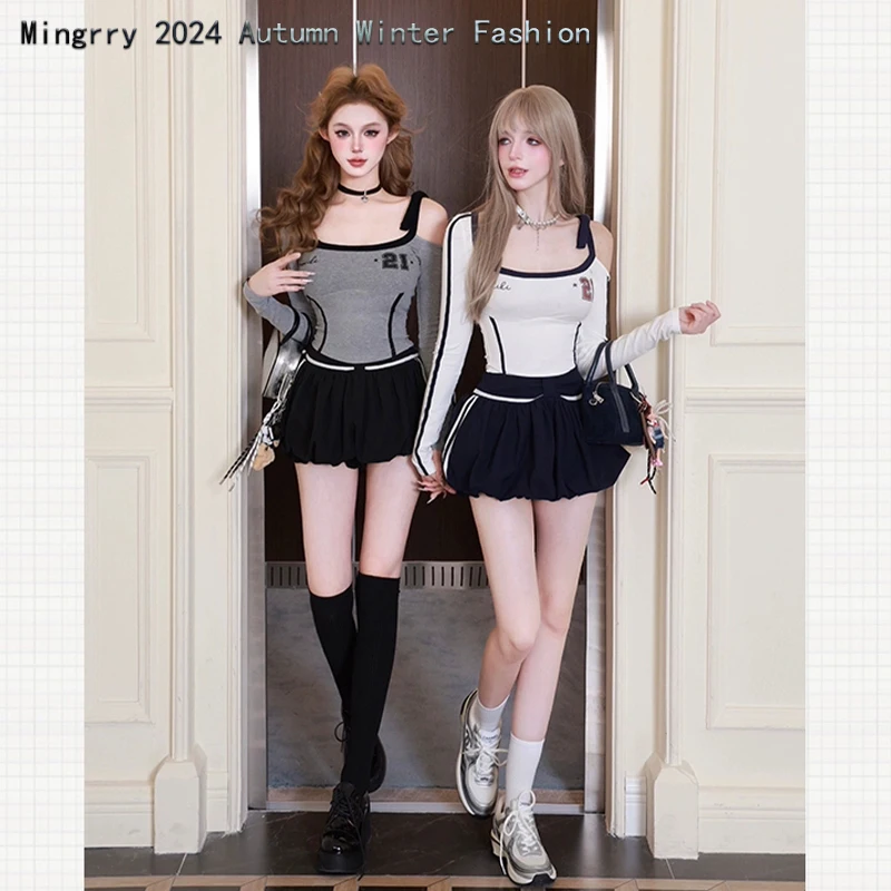 

Autumn Dress America Sexy Spicy Girl Y2k Long Sleeve Off Shoulder Top + Women Elegant Mini Skirt Korea 2024 New Two Piece Set