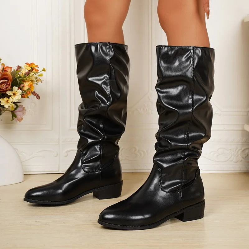 

2025 New Winter Women's Knee High Boots Woman Pleated Mid Heel Casual Tall Boots Pointed Toe Comfortable Female Long Boots