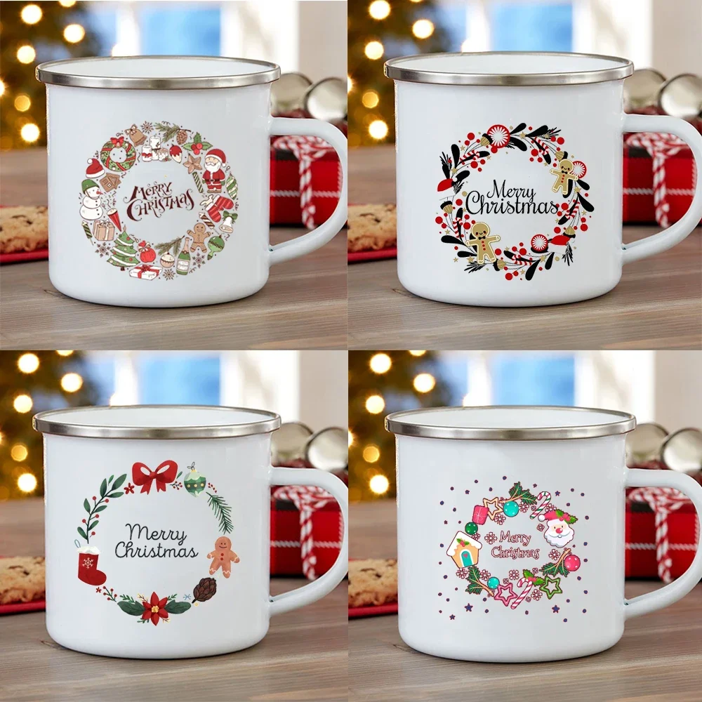 Garland Printed Mug White Enamel Mugs Coffee cup Handle Beer Juice cups home Party Drinking Mug christmas Gift for Family Friend