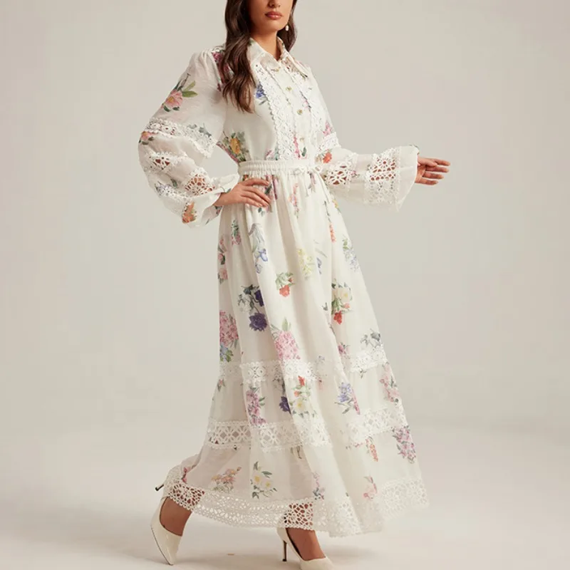 

2025 Holiday Lace Trim Print Patchwork Stand Collar Women's Tee-Piece Set Top Skirt Strap Faionable Long Sve Outfit