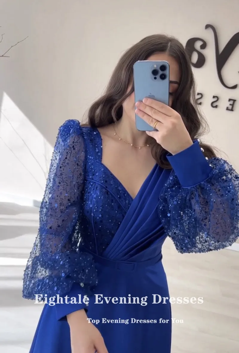 Eightale Royal Blue Evening Gowns Sparkly V-Neck Long Puffy Sleeve Customized Satin Formal Occasion Prom Party Dress Robe Soiree