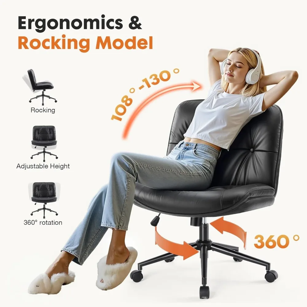 Kursi Kerja Sweetcrispy Criss Cross dengan Roda, Kursi Meja Kantor/Vanity Tanpa Sandaran Tangan Berbahan Kulit PU dengan Dudukan Lebar, Nyaman dan Dapat Diputar