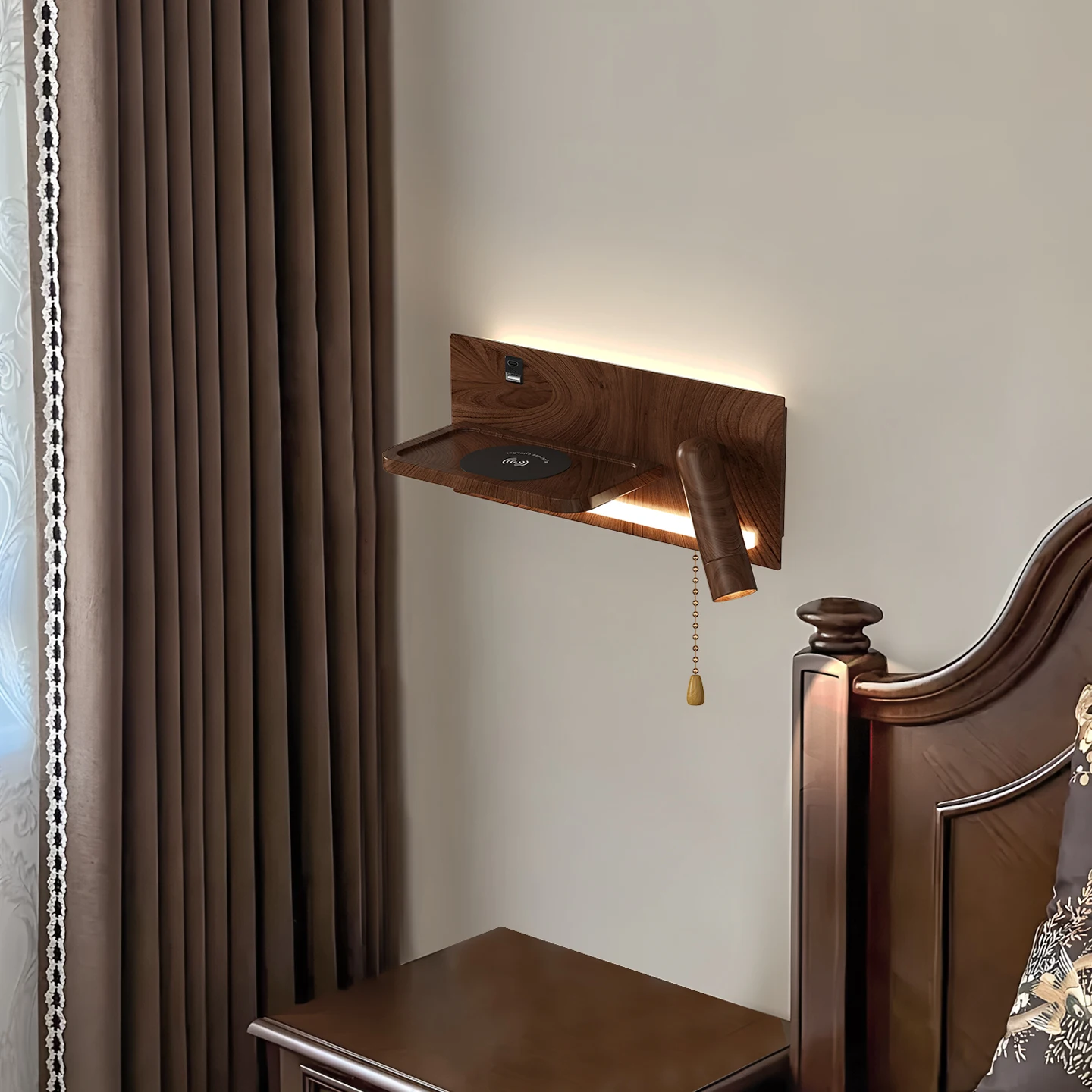 Medieval Style Walnut Grain Color LED Light Source Bedside Wall Lamp Creative Quantity Bluetooth Audio Decorative Wall Lamp