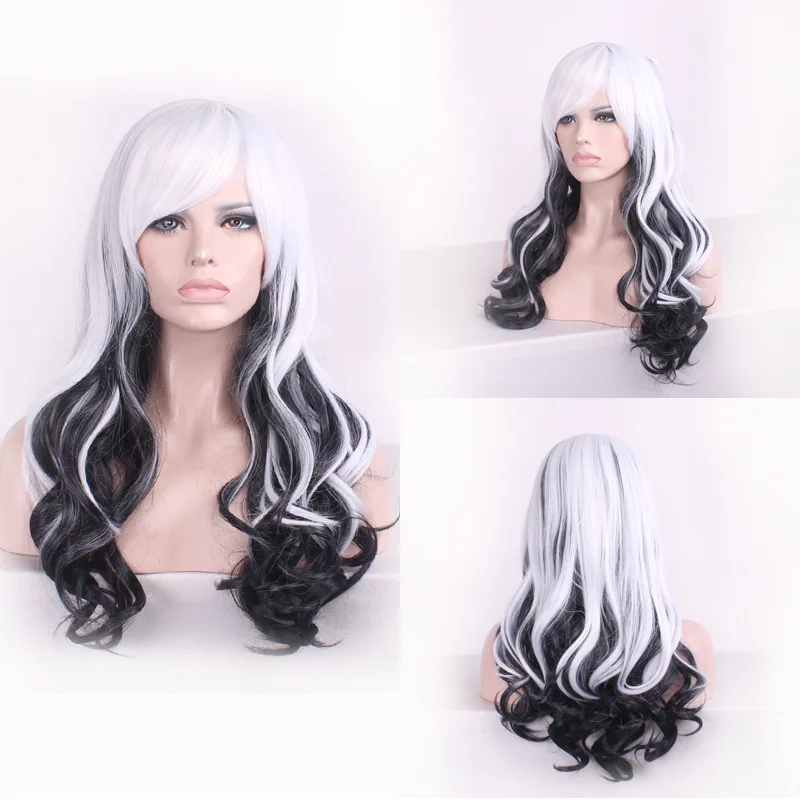 

Black white long curly hair large wavy slanted bangs wig full set Harajuku Lolita