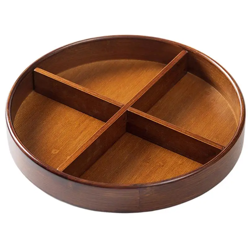 Lazy Susan Round Serving Tray Acacia Wood 4 Sections Wooden Dividers, Hand Grips, Wood Turntable Rotating Organizer, Turntable