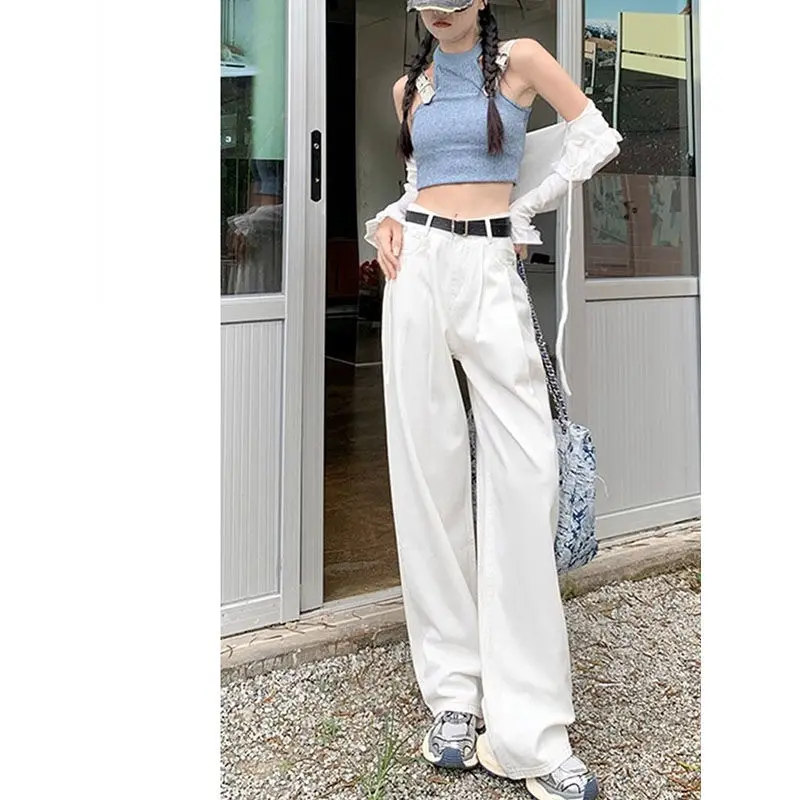 White Wide Legged Women\'s Jeans 2024 Spring/Summer Korean Edition New Slim Fit and Hanging Casual Pants Trend