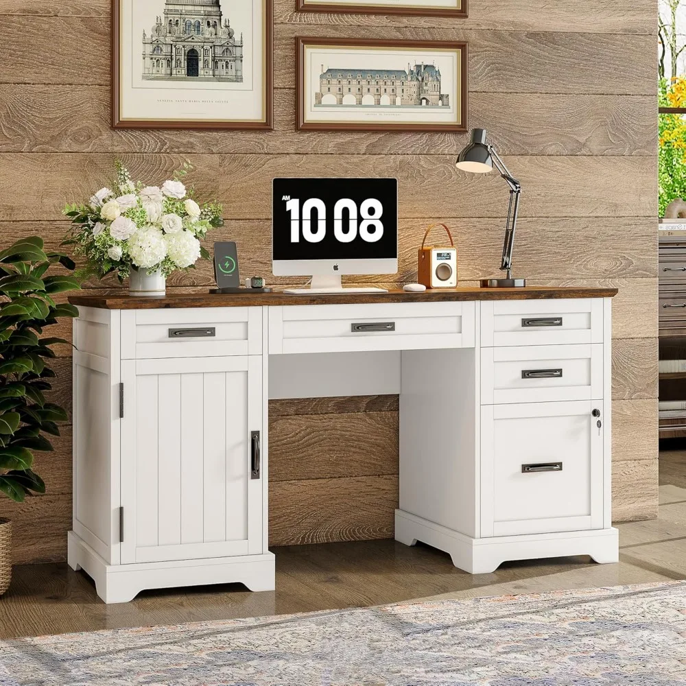 

55'' Farmhouse Executive Desk with File Cabinet, Home Office Wood Computer Desk with Drawers and Power Outlets, White